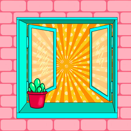 Open window, cactus. Pop art vector illustrationのイラスト素材