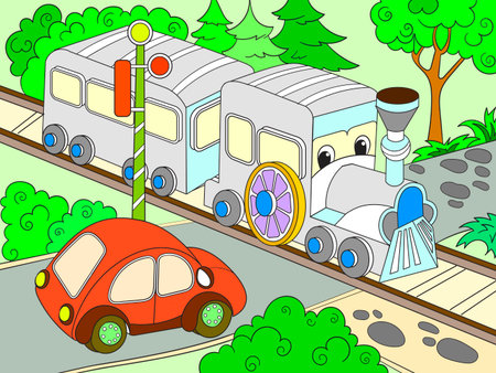 Cartoon train and car for children color vector illustrationのイラスト素材