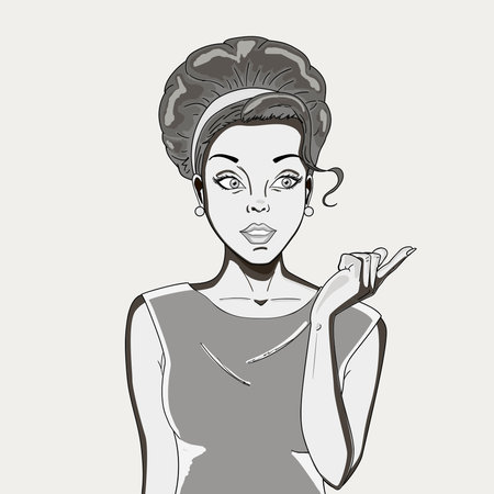 Surprised young sexy woman with open mouth. On white background. Comic woman. Vector black and white pencil. Shades of gray, face, 1960s, comic, love style elegant 1990sのイラスト素材