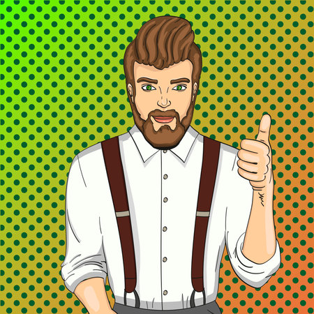 Pop art vector. Advertising of beauty salon, hairdresser, barbershop. Model, guy, beard, haircut, clothes and suspenders.のイラスト素材