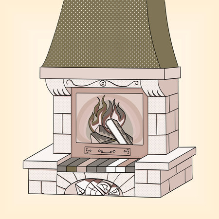 Object on white background vector. Shades of gray. A brick fireplace burns a tree. Works and heats. The background is red.のイラスト素材