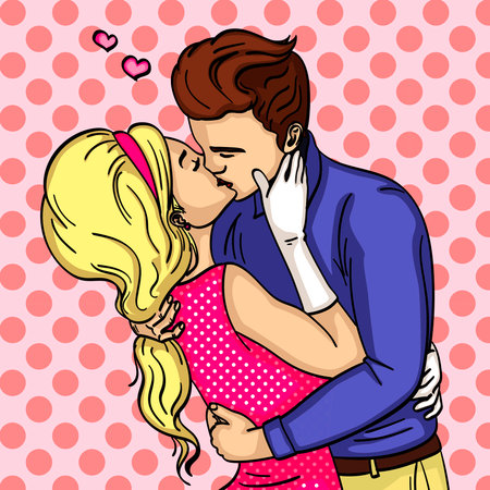 Feeling of love. The guy with the girl passionately kisses. Vector illustration of pop art. Comic styleのイラスト素材