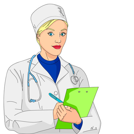 Woman doctor. A girl in a dressing gown and medical clothes. object on white background vectorのイラスト素材