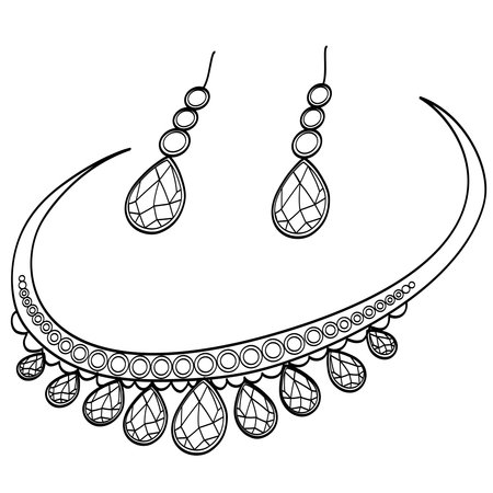 Diamond necklace and earrings. Coloring book vectorのイラスト素材