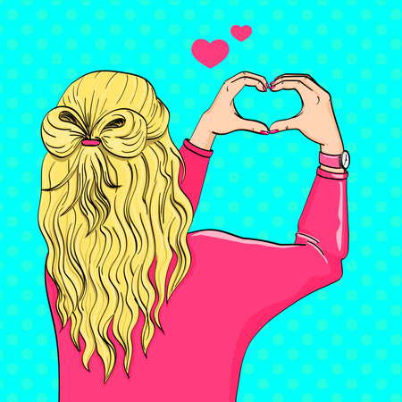 The girl s back. Hands shows the figure of the heart. On the wall. Vector pop artのイラスト素材