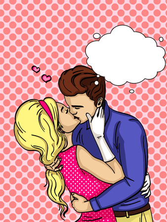 The boy with the girl passionately kissing with thinking bubble in pop art illustration.のイラスト素材
