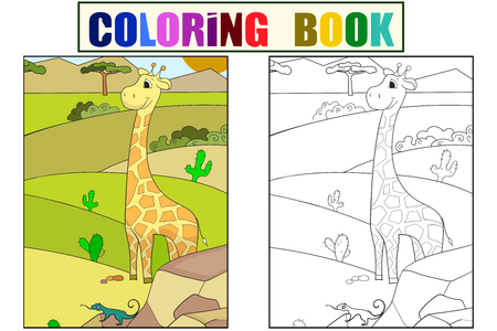 Children picture cartoon animal Safari. The giraffe is walking in the clearing. Vector illustration Coloring, black and whiteのイラスト素材