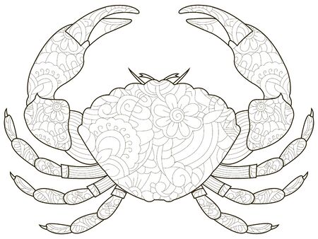Anti stress crab coloring book for adults. Crustacean on the bottom of the river. Cancer or shrimp. Vector illustration of black lines, white backgroundのイラスト素材