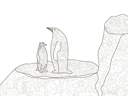 Penguin with a child in Antarctica. Anti stress coloring, vector illustration for adults.のイラスト素材