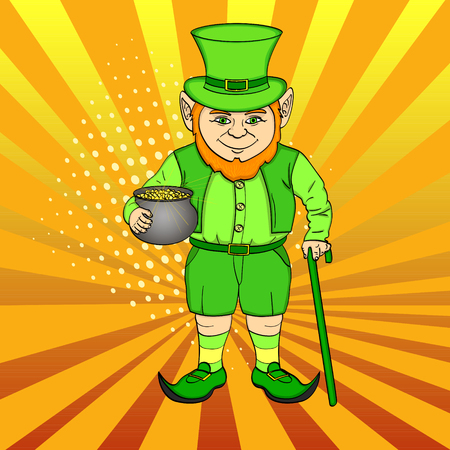 Leprechaun pop art. happy St. Patrick holds a cauldron full of gold coins in his hands. Imitation comic style vector illustrationのイラスト素材