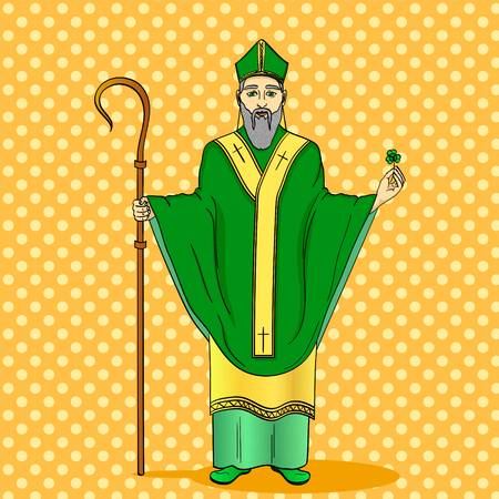 Pop art patron saint of Ireland. Saint Patrick holding a trefoil and crosier staff with greeting ribbon and reminder date of his patron day in March 17. Imitation comic style vector illustrationのイラスト素材