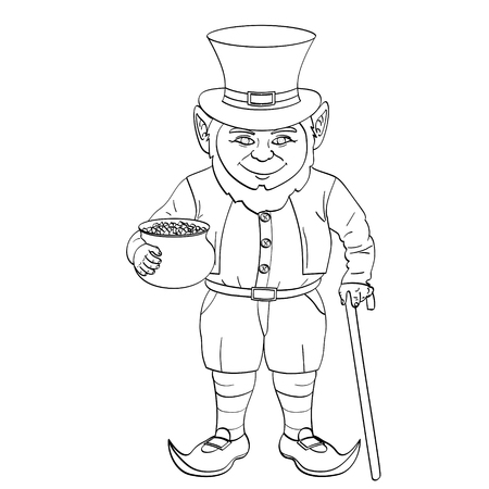 Leprechaun pop art. happy St. Patrick holds a cauldron full of gold coins in his hands. vector illustration. Object Coloring bookのイラスト素材