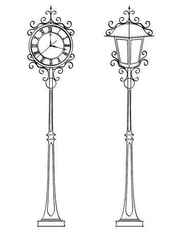 Set bronze vintage street clock with arabic numerals and lamp. Object Coloring book Conceptualのイラスト素材