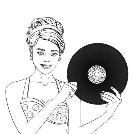 Pop art happy young woman with a phonograph record. Musical plate vector Imitation comic style.のイラスト素材