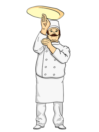 Man cook pizza. Chef tossing pizza dough. Comic book style imitation. Vintage retro style. Object on a white backgroundのイラスト素材