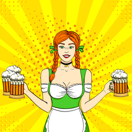Pop art Germany Girl waitress carries five beer glasses. Concept Oktoberfest. Comic book style imitation.のイラスト素材