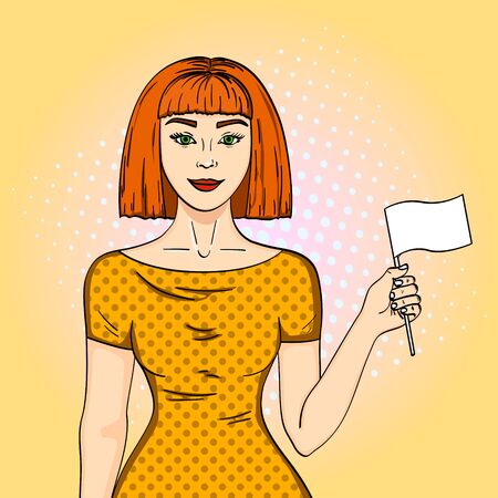 Pop art Red haired girl holding a white flag. The woman gave up her position Comic style imitationのイラスト素材