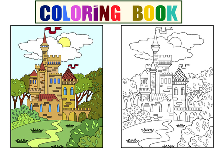 Child colored picture Castle in the forest. The building is made of bricks in more often. The fifteenth century. Coloring for children. Black lines, white background, colorのイラスト素材
