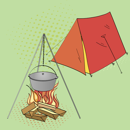 Pop Art Background Camping. Vector illustration of an imitation retro comic style. tent and bonfire with cooking foodのイラスト素材