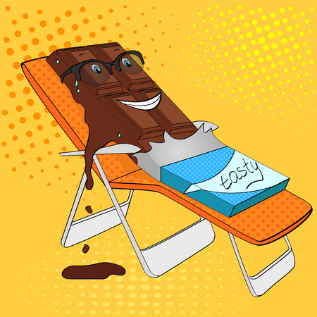 Chocolate bar melts on beach pop art retro vector illustration. Cartoon food character. Color background. Comic book style imitation.のイラスト素材