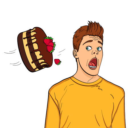 A festive chocolate cake with strawberries flies to the head of a guy, name-finding. Object on white backgroundのイラスト素材