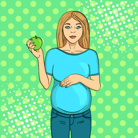 Pop art background is green. Pregnant woman on the ninth month. Holds an apple in his hand. Vector illustration, retro styleのイラスト素材