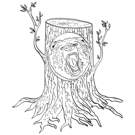 Isolated object on white background Carved wooden bear portrait from a tree in the forest. Children and adult coloring, vector illustrationのイラスト素材