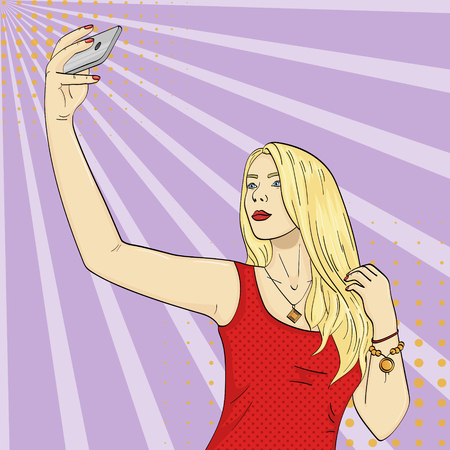 Pop art background, rays of the sun. Young girl model doing selfie. Fashion vectorのイラスト素材