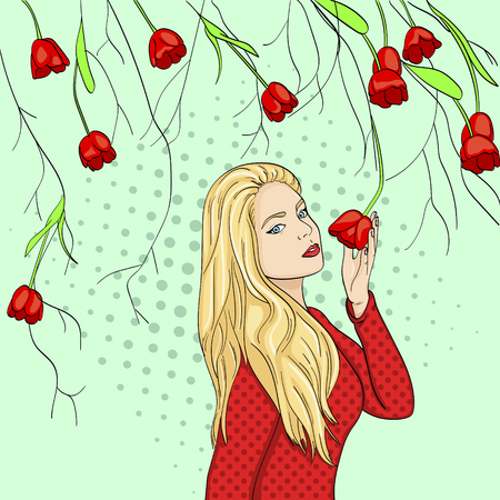Pop art background, green dots. Girl with flowers, tulips in photo studio. Vectorのイラスト素材