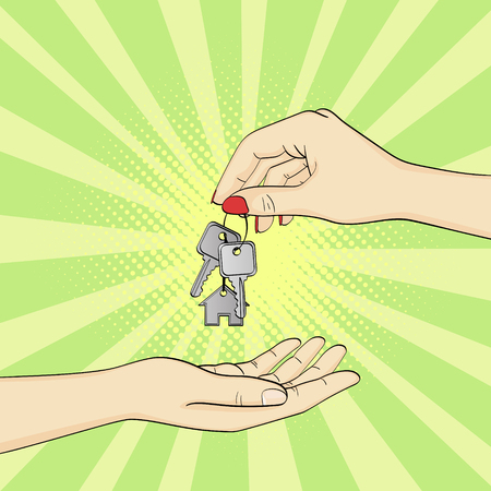 Pop art background, green sun rays. The woman hand of the realtor passes the keys to the new homeowner. Vectorのイラスト素材