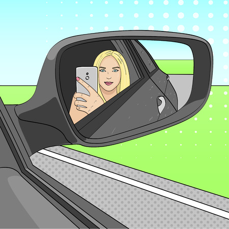 A young girl, a blonde is making a selfie photo in the mirror of a side view of a car. Vectorのイラスト素材