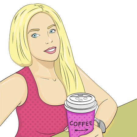 isolated object on white background. Blonde, young girl doing selfie. In the coffee house with a cup of coffee to takeaway. Imitation comic style, vectorのイラスト素材