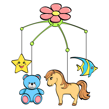 Isolated object on white background. A musical toy over a cradle for a child. The subjects are horse, flower, star, bear and fish. vector illustrationのイラスト素材