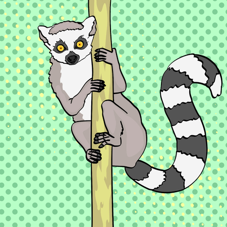 ring-tailed lemur. Pop art background. An animal cats lemur on a branch of bamboo, wood. Vectorのイラスト素材