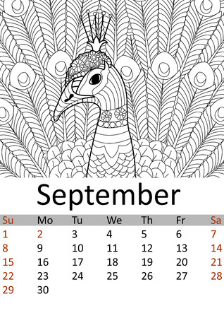 Calendar September month 2019. Antistress coloring bird, peacock with a tail. Wild animal patterns. Vectorのイラスト素材