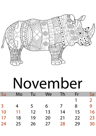 Calendar November month 2019. Antistress coloring rhino, mandala, patterns. An animal from Africa. Vectorのイラスト素材