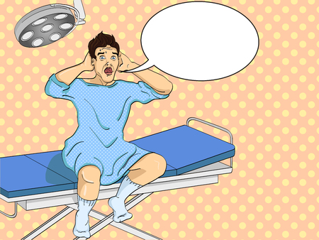 The man on the operating table. Fear of the operation. Medical theme, equipment and clothing, imitation of the comic style. Pop art raster illustration. Text bubble.の写真素材