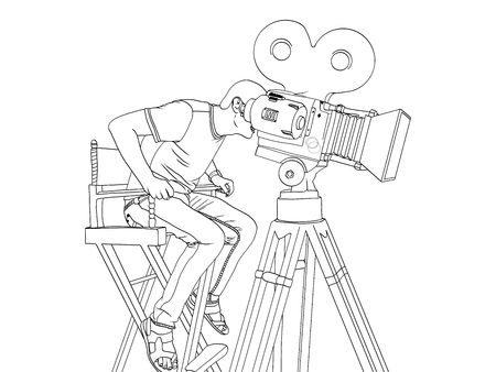 Stage director on set pop art retro vector. children coloring, black lines. videographer and camera on the legsのイラスト素材