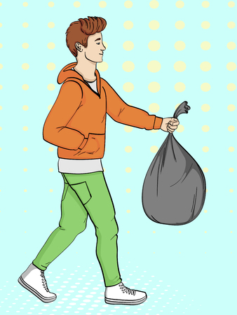 Pop art background, imitation of comics. The guy is carrying a bag of trash. Vector illustrationのイラスト素材