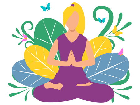 Yoga for a beginner. Exercise or properly asana posture flat. In minimalist style. Cartoon Vector Illustrationのイラスト素材