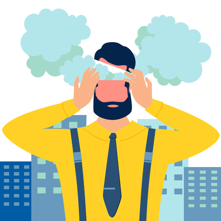 Metaphor of Entangled reworked at overwork. Male businessman, earned on the desktop. Boils head in minimalist style the best way. Cartoon Vector Illustrationのイラスト素材