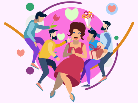 Fat girl is popular with men, Valentin Day, Love Day flat. In minimalist style. Cartoon Vector Illustrationのイラスト素材