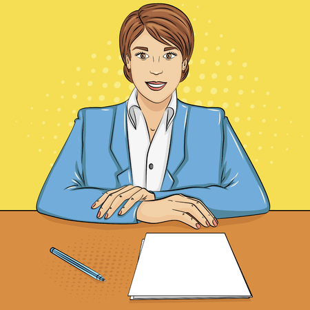 Pop art background. business woman, boss at the table, reception staff, job interview. Vector illustrationのイラスト素材