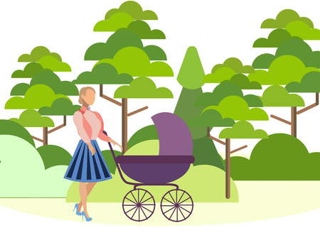 Mother walks in the forest with a baby carriage. Can use for web banner, infographics, hero images. In minimalist style. Flat isometric vectorのイラスト素材