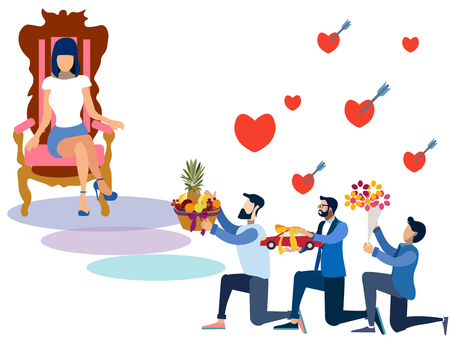 Valentine Day, offering gifts to women. In minimalist style. Flat isometric vectorのイラスト素材