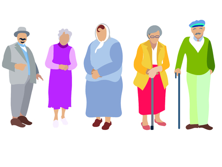A set of people, pensioners, grandparents. Isolated on white background. In minimalist style. Cartoon flat Vectorのイラスト素材