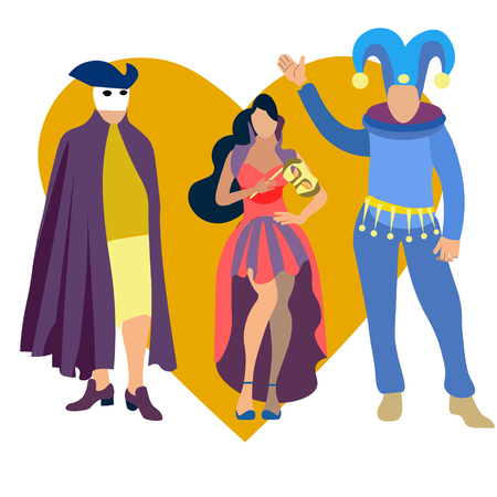 Carnival party icons set with people wearing costumes flat isolated vector illustrationのイラスト素材