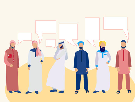 Set of six men, a group of Arabs in national dress. In minimalist style. Cartoon flat Vector text bubble thoughtのイラスト素材