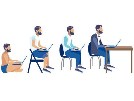 clip art programmer, employee, freelancer stages of development set, cartoon design, generation stages, vector illustration flatのイラスト素材
