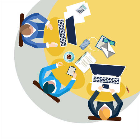 People team sitting and working together at the round table. Teamwork, brainstorming, startup. Flat vectorのイラスト素材